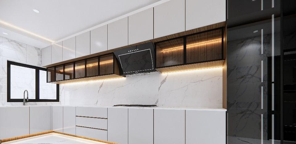 Kitchen design with white lacquer units, black-framed glass wall cabinets with lit timber interiors, an angled black hood and marble splashback