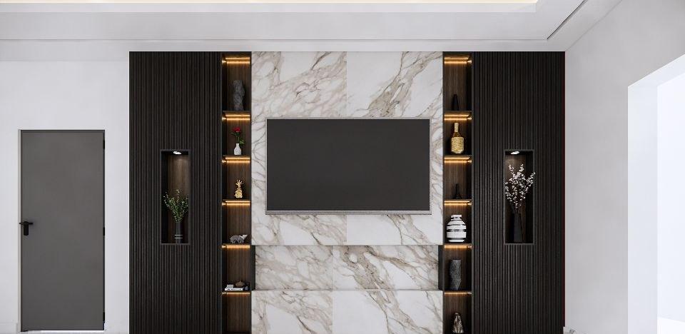 Media wall design with a book-matched marble TV panel, lit display niches and dark fluted side panels