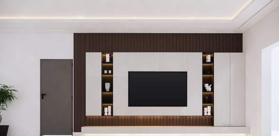 Media wall design in white gloss and dark timber slats with lit open shelving either side of the TV