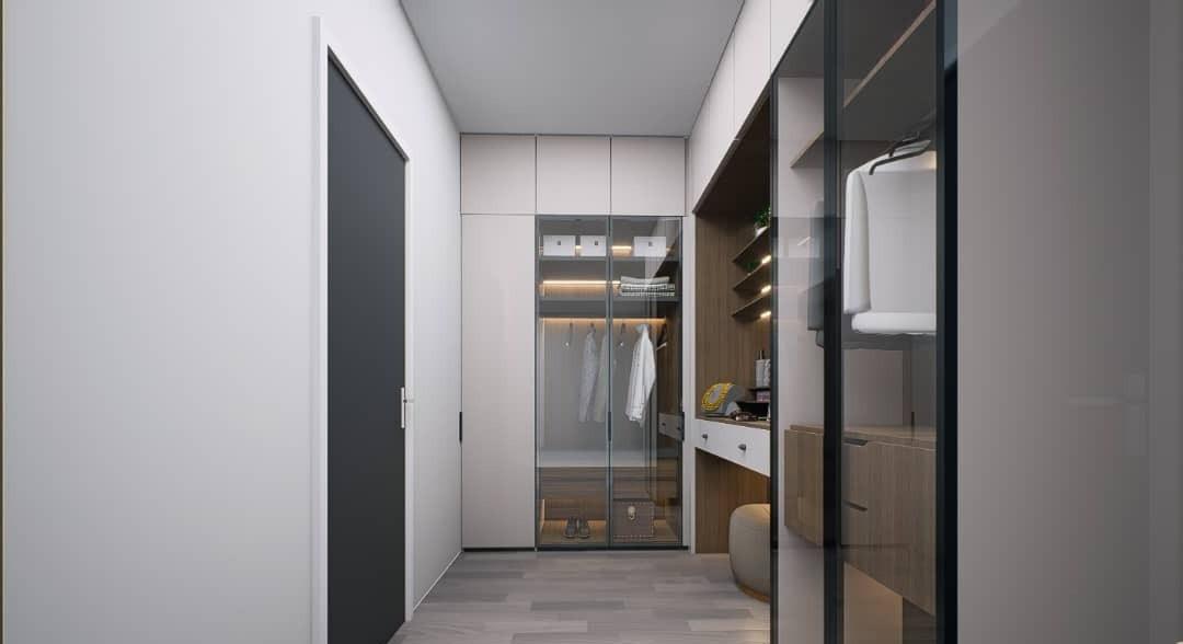 Wardrobe corridor design with a glass-fronted wardrobe, built-in dressing table and oak drawers
