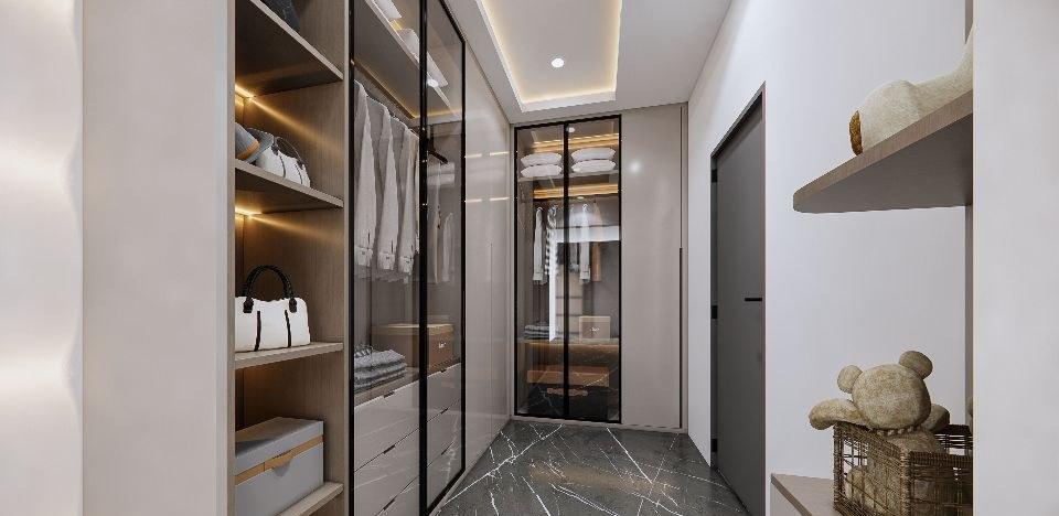 Walk-in wardrobe design with oak open shelving, glass-fronted hanging space and a grey marble floor